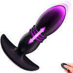 This image features a purple and black remote-controlled vibrating butt plug. The plug is designed in a tapered shape for easy insertion, and the image highlights its vibration function and size information, showing that it can expand up to 1 cm. The remote control in the image indicates that the device can be operated remotely, adding convenience and fun to its use.