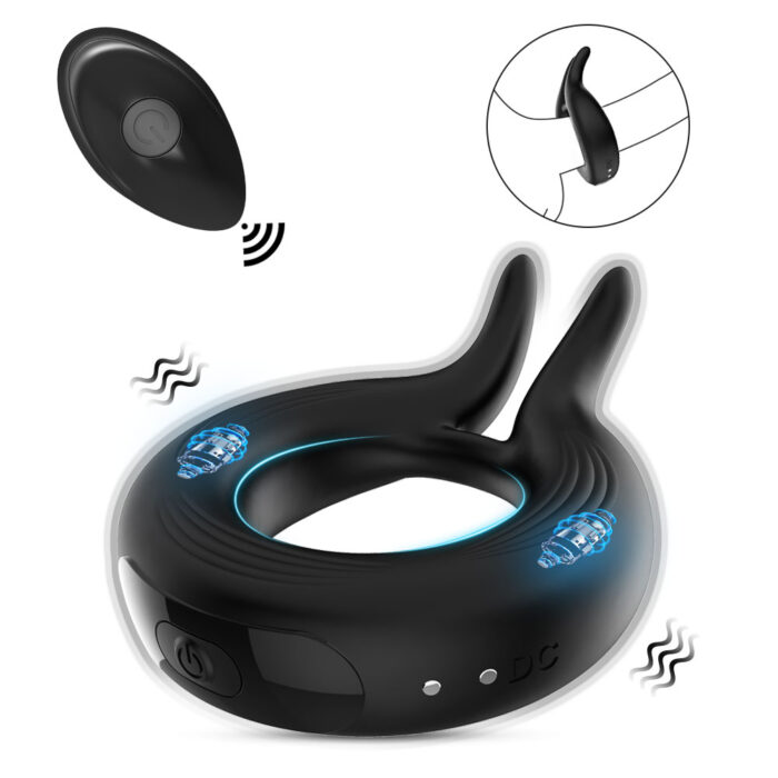 The Locking Ring for male use is a black, rounded, and flexible ring-shaped gadget with two elongated prongs and small vibrating components. It features a power button and a DC charging port. An inset image shows its application on the user. The device functions as a vibrating tool designed to aid with premature ejaculation sensitivity and can serve as an alternative wear or delay toy in adult SM activities.