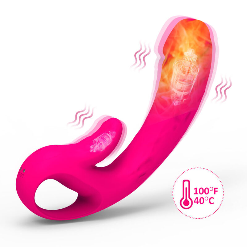 The Inspur 3rd Generation 10 Frequency Heating Masturbation Vibrator Tongue Licking Vibrator for females is a pink, curved adult toy with a handle, designed for pleasurable use. The toy features heat and vibration functions, illustrated by flames and vibrating lines along its surface, and includes a temperature icon indicating it can reach 100°F (40°C).