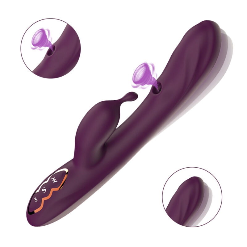 Introducing the "Sex Toys G Spot Vibrators for Women, Personal Massagers Partner Toys for Adult Couples Pleasure" – a purple adult toy with a sleek, curved design. It features a convenient suction cup at one end and boasts a textured, curved shaft. Equipped with multiple control buttons and adorned with an elegant decorative design near the base, this vibrator is perfect for intimate play. Two close-up insets highlight its key features for added detail.