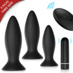 A promotional image showcases three black Anal Plug Vibrators with Remote Control in varying sizes, labeled 